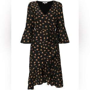 Ganni Black and Orange Floral Long Sleeve Dress Sz 36 Sz 2